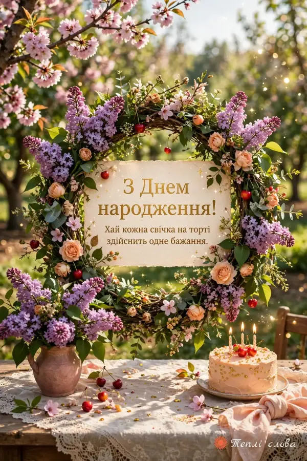 Вінок із бузку з побажанням про свічки на торті та святковий стіл на терасі
