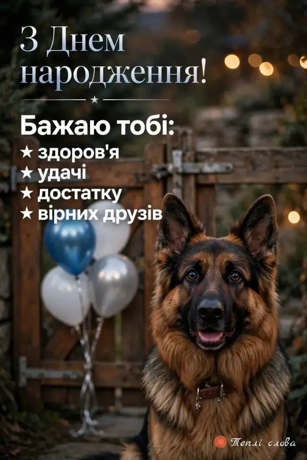Вівчарка біля дерев'яних воріт з кульками і список побажань: здоров'я, удачі, достатку