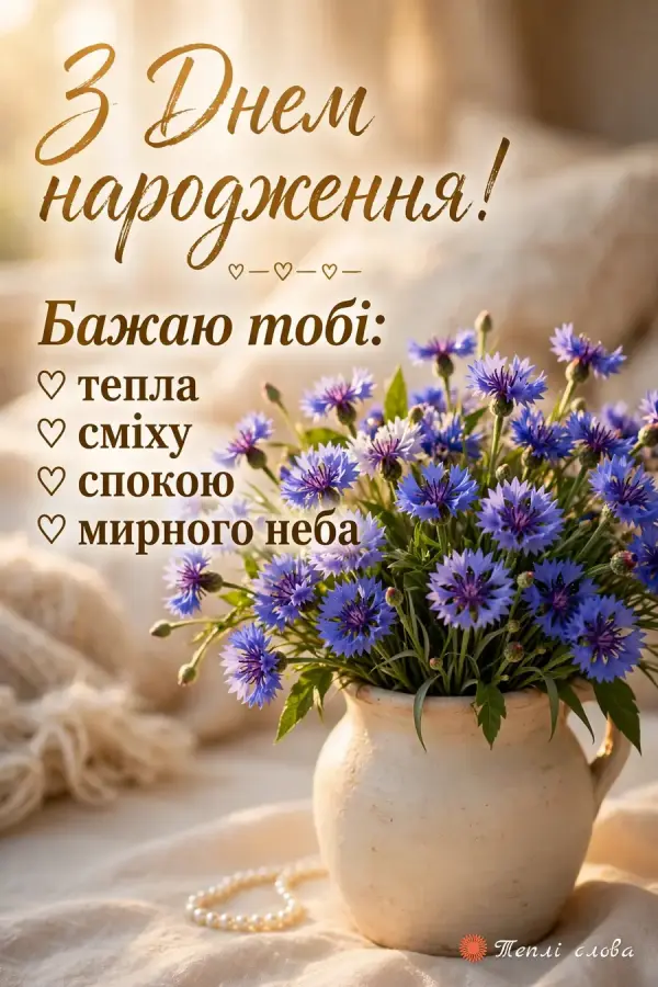 Волошки в глечику й перли і список: тепла, сміху, спокою, мирного неба