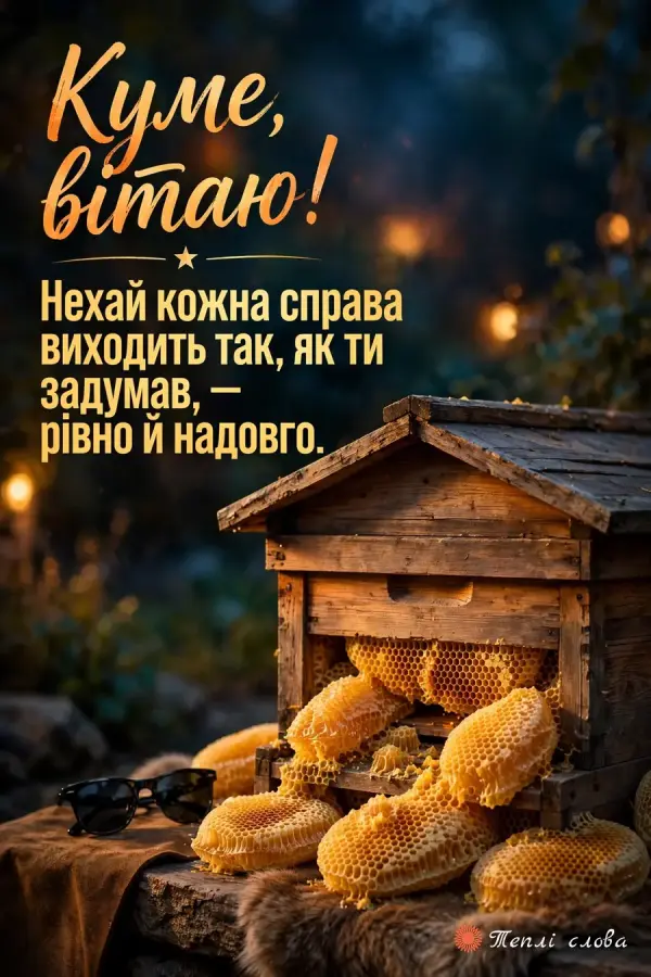 Дерев'яний вулик зі стільниками й напис «Куме, вітаю!» з побажанням вдалих справ