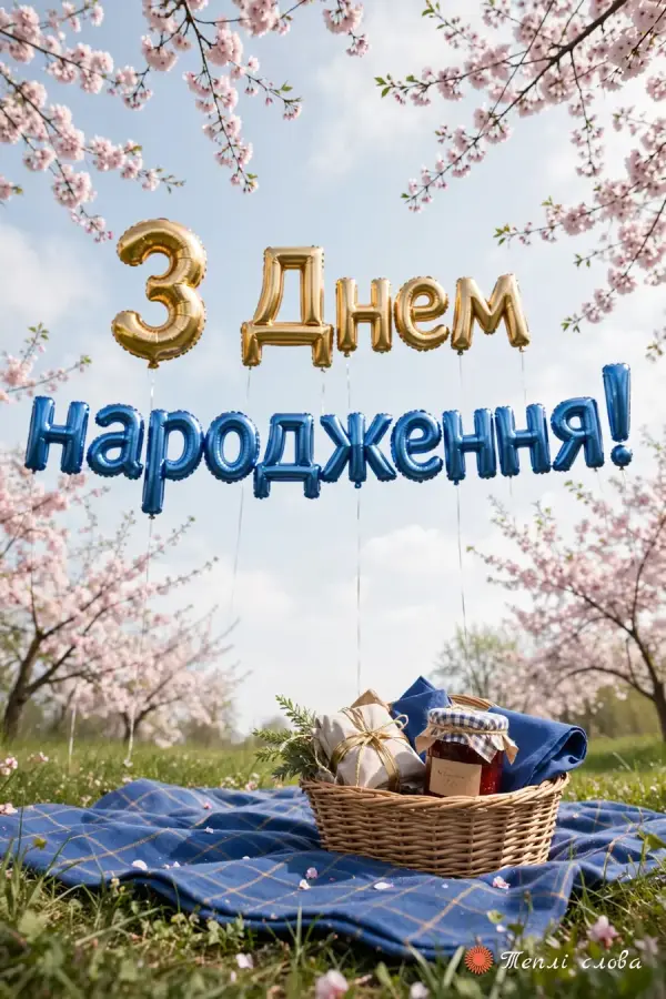 Синьо-золоті кульки-літери над пікніком у квітучому вишневому саду