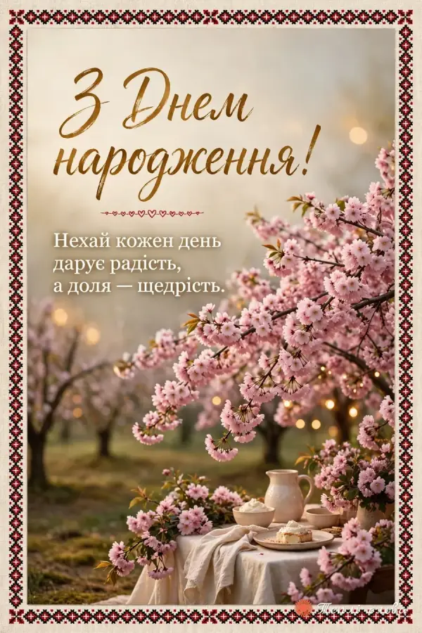 Вишневий садок у цвіту зі святковим столиком у вишитій рамці, побажання щедрої долі
