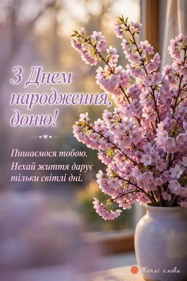 Гілки вишневого цвіту у вазі біля вікна і слова «Пишаємося тобою»