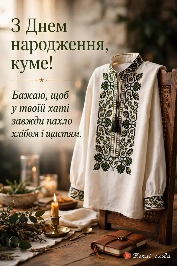 Чоловіча вишиванка на спинці стільця й побажання, щоб у хаті пахло хлібом і щастям