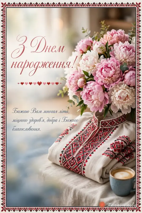 Вишиванка з букетом півоній у вишитій рамці, побажання многая літа і Божого благословення