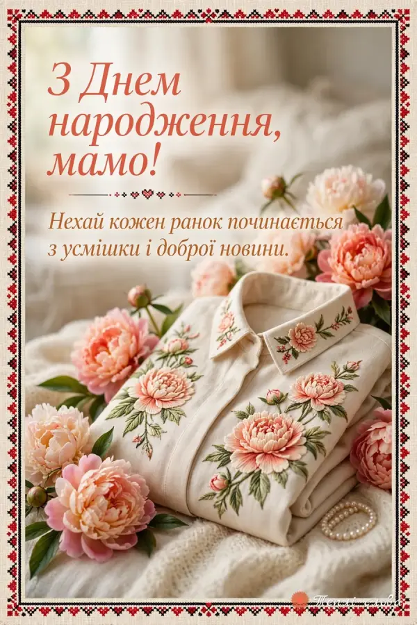 Вишиванка з вишитими півоніями у вишитій рамці і побажання добрих новин щоранку