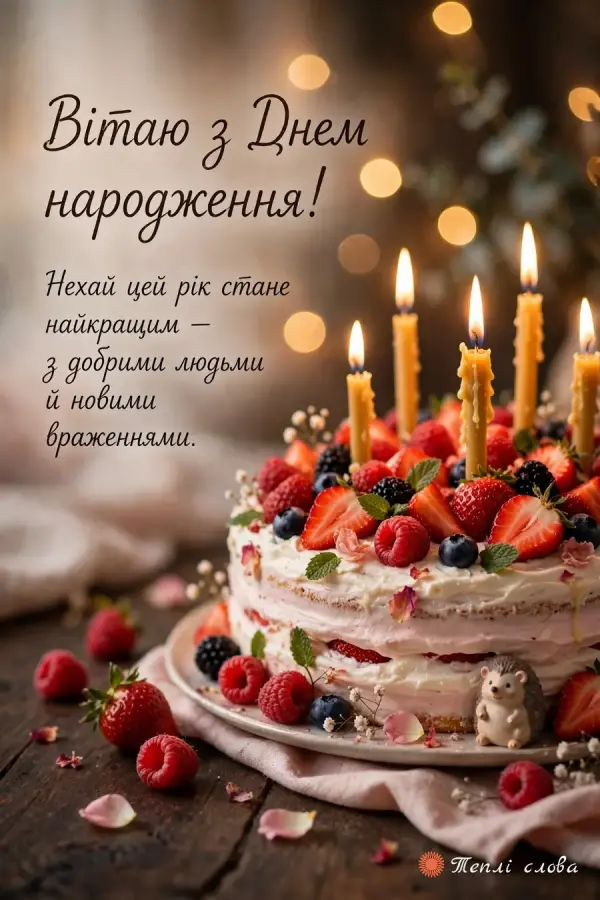 Ягідний торт зі свічками й побажання, щоб цей рік став найкращим