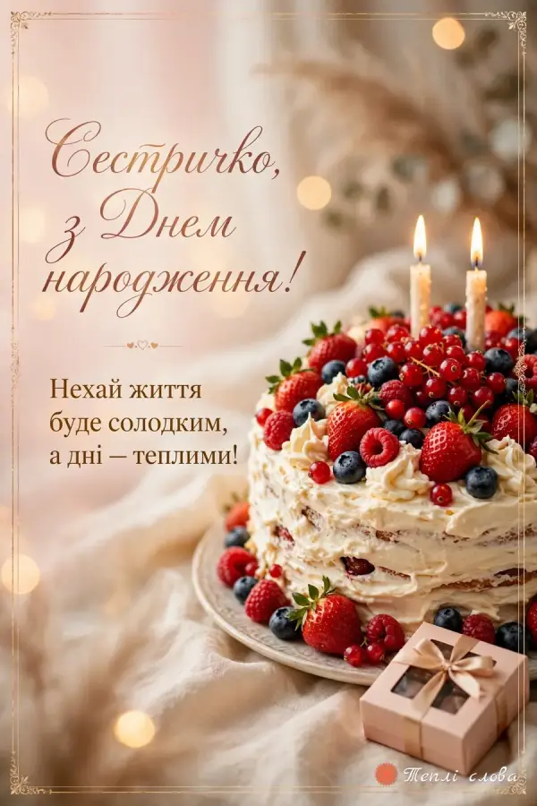 Ягідний торт із двома свічками — «Сестричко, з Днем народження!»