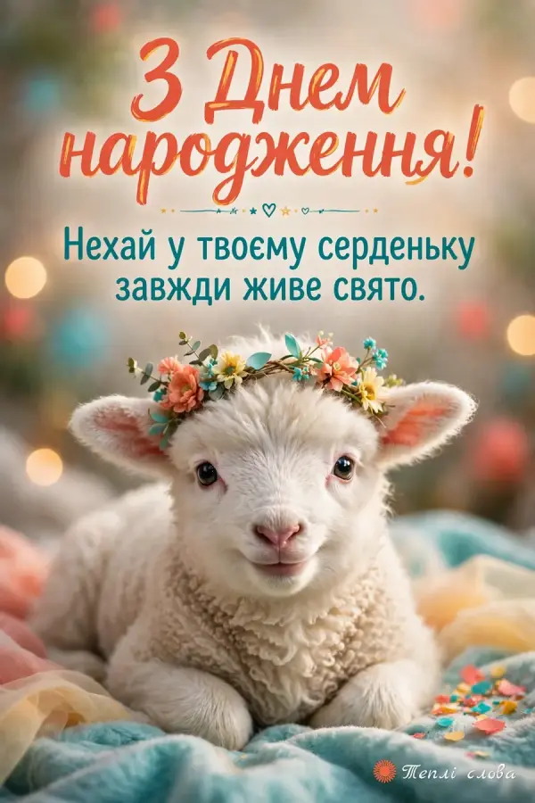 Пухнасте ягнятко у квітковому віночку, побажання, щоб у серденьку завжди жило свято