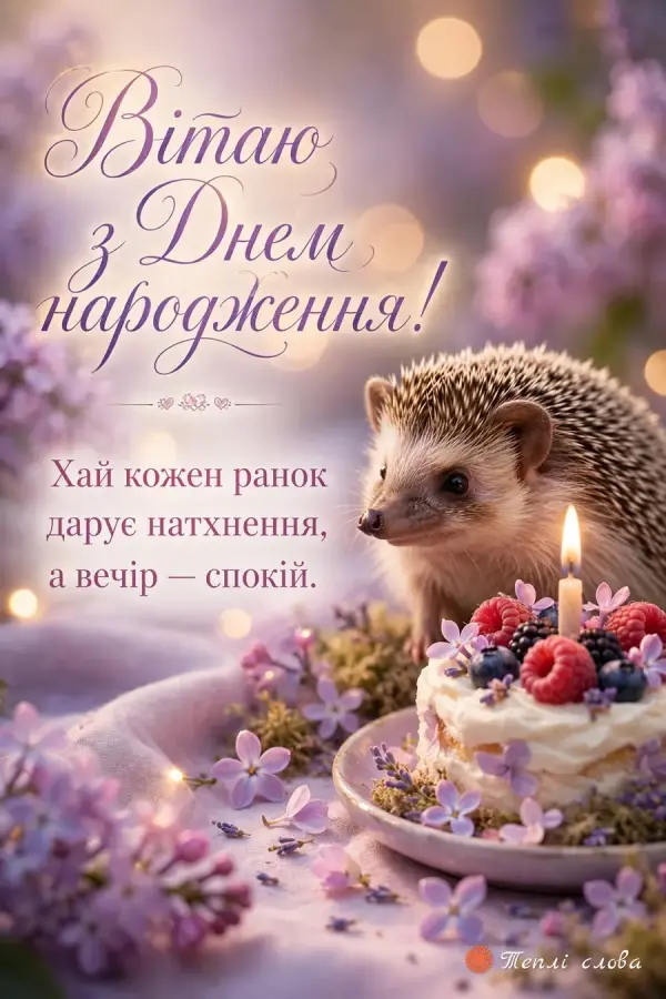 Їжачок біля ягідного тортика зі свічкою серед бузку, побажання натхнення і спокою