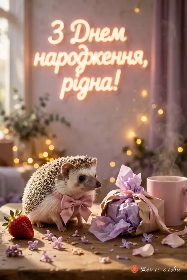 Їжачок з полуницею й подарунком під неоновим написом «З Днем народження, рідна!»