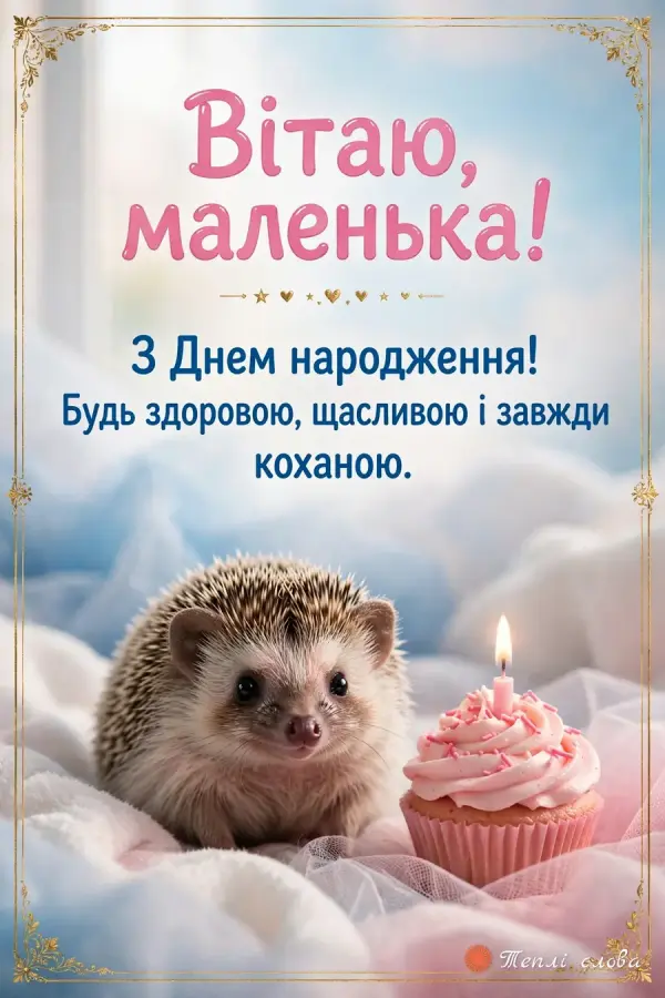 Їжачок біля рожевого капкейка зі свічкою — «Вітаю, маленька!»
