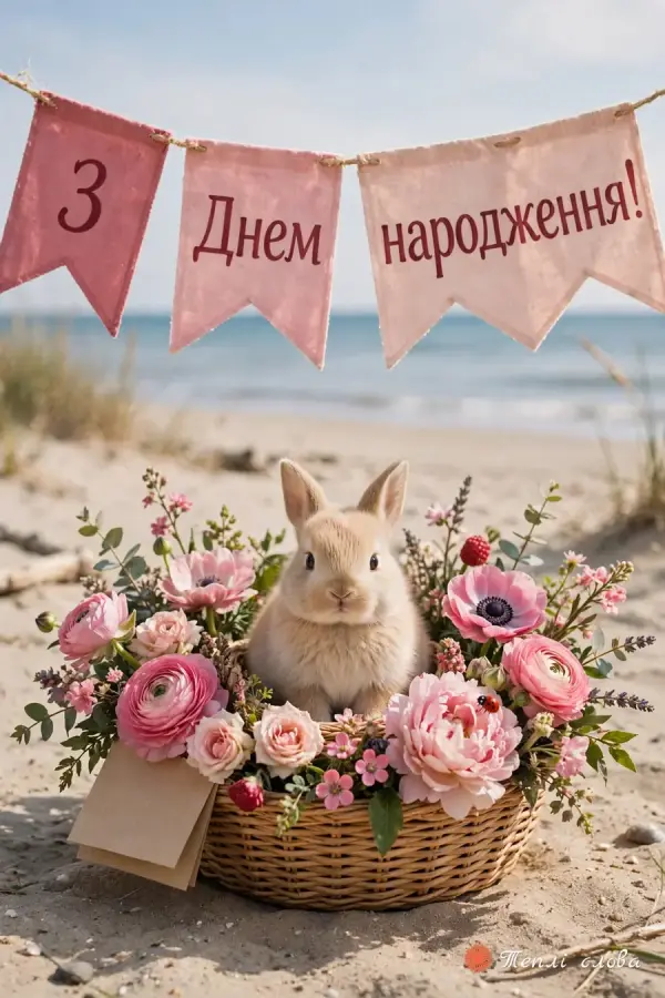 Зайченя в кошику з півоніями на піщаному березі моря під рожевими прапорцями