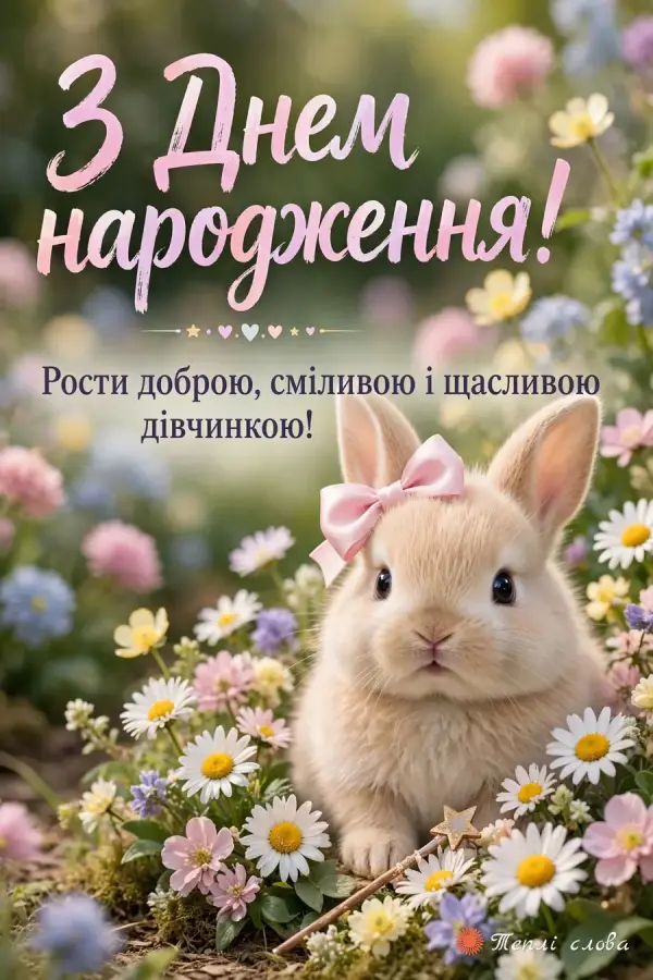Зайченя з рожевим бантом серед ромашок і побажання рости доброю та сміливою