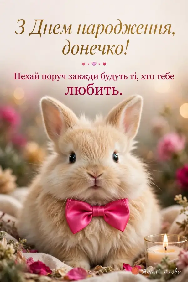 Пухнасте зайченя з рожевим бантиком-метеликом, побажання любові близьких