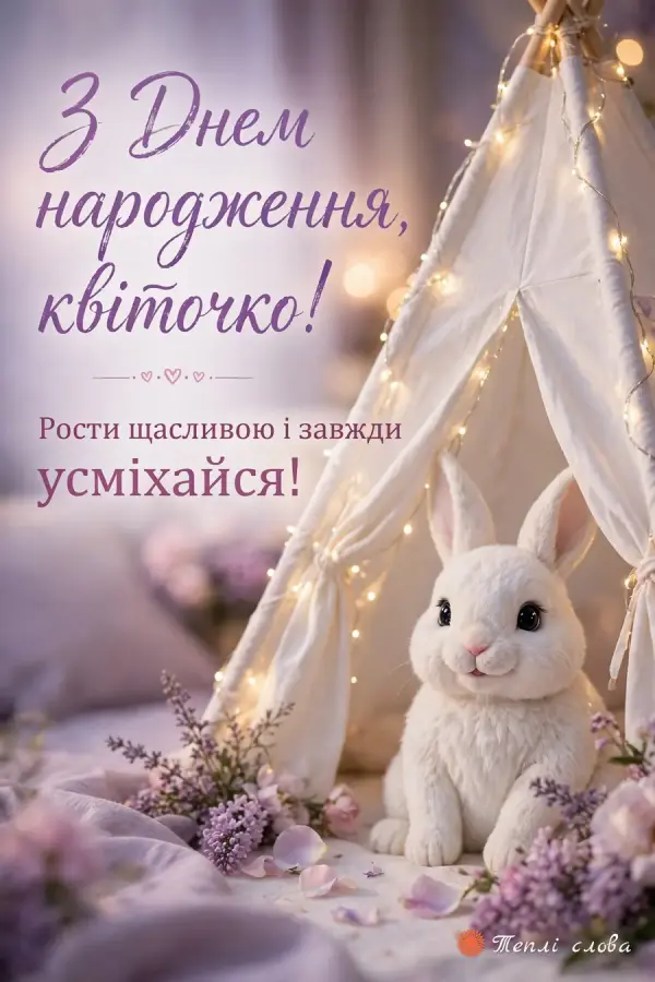 Білий плюшевий зайчик біля намету з гірляндою — «З Днем народження, квіточко!»