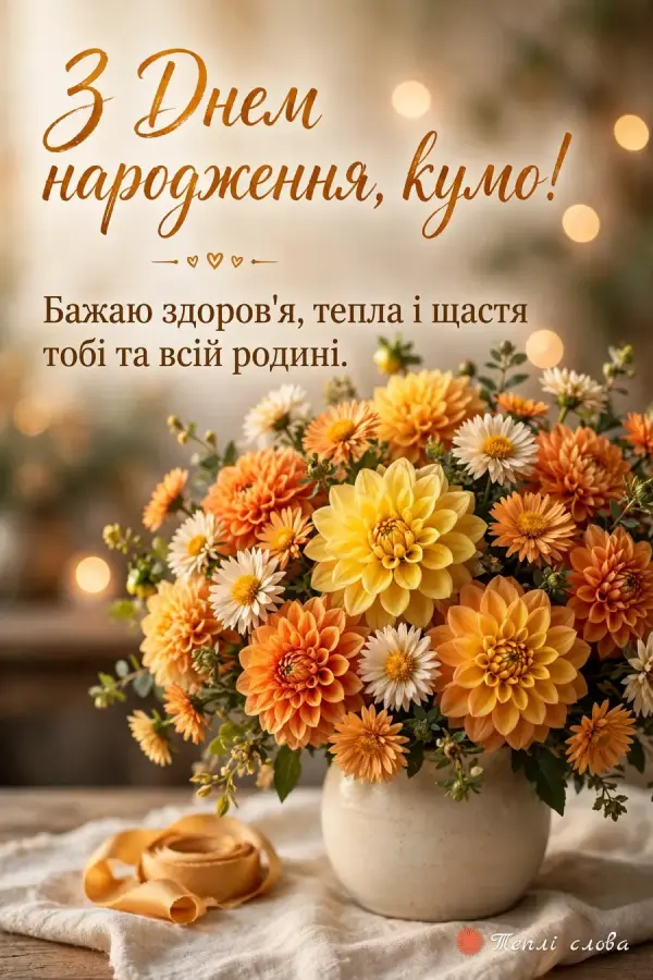 Помаранчеві жоржини й ромашки у вазі — листівка з днем народження кумі з побажанням тепла родині
